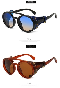 Side view of punk steampunk sunglasses with rivet leather side shields in two colors