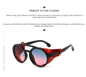 Detail of steampunk sunglasses with round black frames and red leather side shields