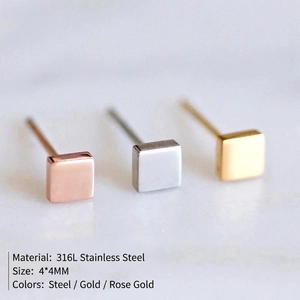 Minimalist 316L stainless steel square stud earrings in gold, silver, and rose gold finishes