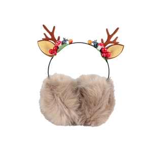 Plush Christmas reindeer ear muffs with brown antlers, red berries and leaf decor on white background