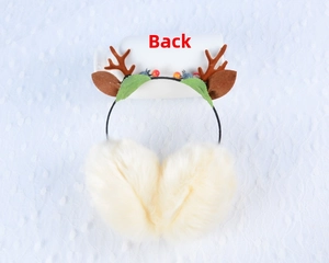 Back view of plush Christmas reindeer earmuffs in cream white with brown antlers