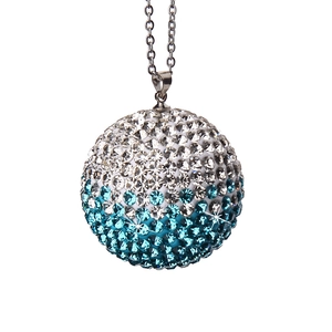 Close-up of car pendant featuring a crystal ball with blue gradient rhinestones