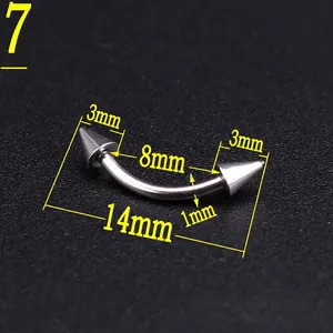 Macro view of stainless steel curved piercing bar with 3mm cone ends and 8mm inner diameter