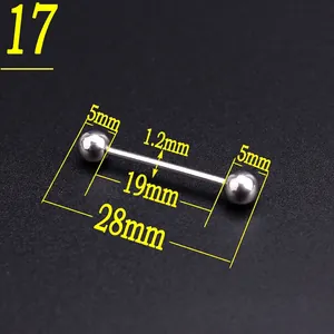 Detailed specs of stainless steel piercing barbell showing 1.2mm thickness and 5mm balls