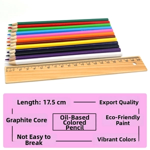 Detailed view of 17.5cm oil-based colored pencils set with a 20cm wooden ruler measurement