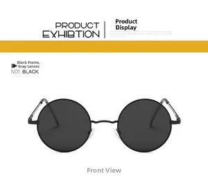 Front view of vintage round polarized sunglasses with a black metal frame and grey lenses