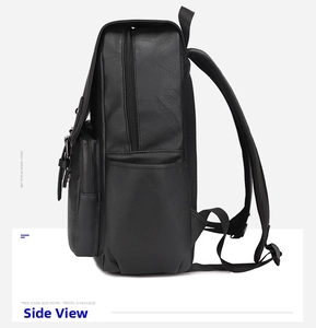 Vue latérale du sac à dos noir en cuir PU pour hommes avec poches et bretelles réglables