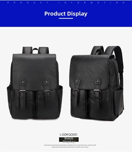 Vues de face et de côté de sacs à dos vintage en cuir PU noir avec boucles décoratives