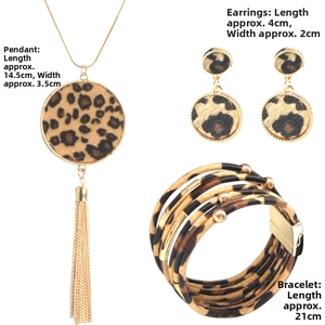 Detailed view of leopard print jewelry set with dimensions for necklace, earrings, and bracelet