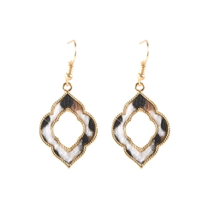 Detail view of hollow geometric earrings with gold frames and leopard print pattern