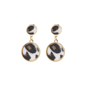 Detailed close-up of double-loop leopard print drop earrings with gold metal frame