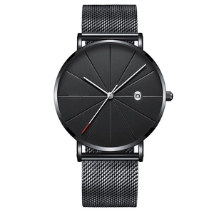 Minimalist black quartz watch with mesh strap and date calendar on a clear white background