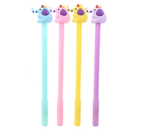 Close-up of four colorful cartoon elephant toppers on plastic gel pens in 4 vibrant colors