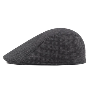 Classic dark grey herringbone flat cap with a streamlined wool blend design for men