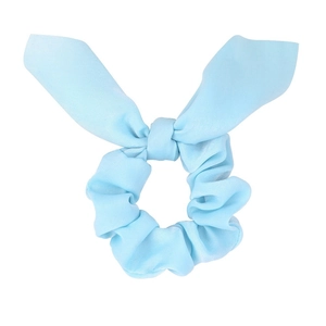 Elegant light blue satin silk scrunchie with rabbit ear bow design for women hairstyles