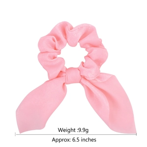 Pink satin bow scrunchie with streamer detail, size 6.5 inches and weight 9.9g