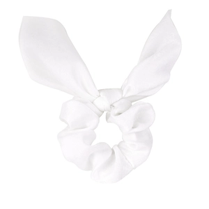 White rabbit ear satin hair tie with ribbon tassels on a clean white background