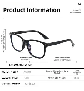 Detailed size chart for blue light blocking glasses with frame dimensions and specifications
