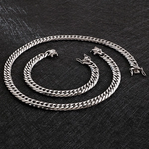 Polished silver stainless steel Cuban link necklace and bracelet set for men