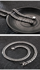 Detailed views of silver stainless steel Cuban link necklace with secure box clasp