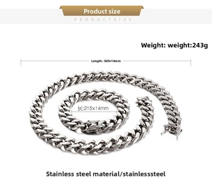 Detailed view of polished stainless steel Cuban link necklace and bracelet set