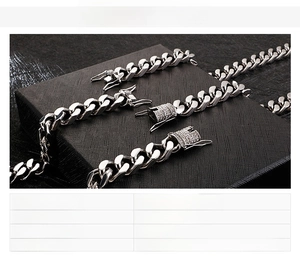 Detail of stainless steel Cuban chain necklace with zircon micro-pave clasp and 243g weight
