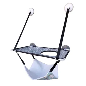Double-layer cat window hammock with grey geometric platform and white plush hanging nest
