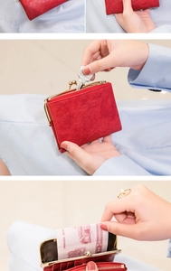 Detail of red vintage PU leather wallet showing gold kiss-lock and side zipper pocket