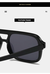 Detail shot of the black square aviator sunglasses featuring a premium texture double bridge frame