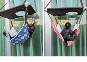 Dual-layer cat window perch with strong suction cups in blue and pink print options