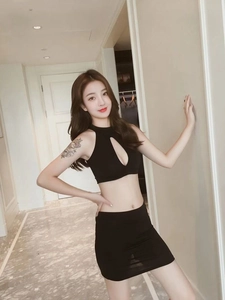 Secretary roleplay uniform with cutout top and mini skirt in black for women