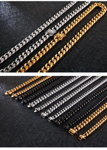 Cuban link chains with lion head box clasps in gold, silver, and black finishes