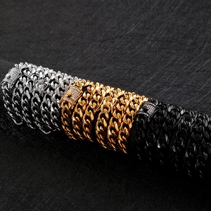 Men's stainless steel Cuban link chains in silver gold and black with rhinestone clasps