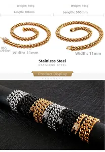 Close-up of 11mm stainless steel Cuban chain necklace with zircon clasp and dimensions