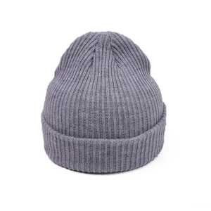 Detail of gray ribbed knit beanie showing high-quality double-layer thermal texture