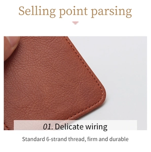 Macro detail of brown lychee leather card holder showing durable 6-strand stitching