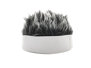 Detail of white cotton brimless cap featuring realistic greyish-white synthetic hair top