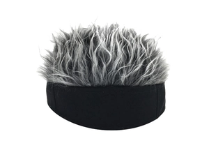 Detail of creative gray wig beanie with black brim showing synthetic hair texture