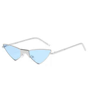 Modern cat-eye sunglasses with thin silver metal frame and light blue triangle lenses