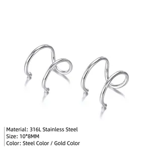 Polished 316L stainless steel spiral double-row ear cuffs in 10x8mm silver finish