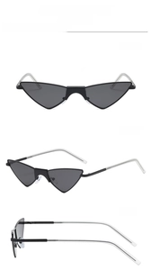 Three-angle view of black cat-eye sunglasses with triangular narrow frames and metal temples