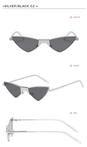 Three-view layout of silver metal triangle cat-eye sunglasses with black lenses