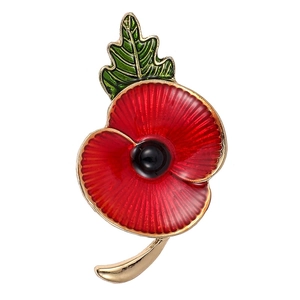 Elegant red enamel poppy brooch with green leaves and gold stem on white background