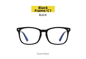 Front view of classic black full-frame anti-blue light glasses with metal hinges