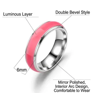Glow-in-the-dark titanium steel ring with pink luminous inlay and 6mm polished bevel design