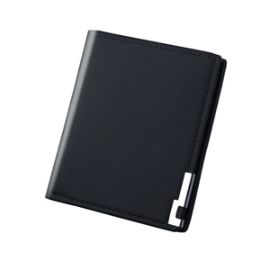 Business style black leather bi-fold wallet for men with silver metal corner accent