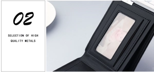 Detail of black leather wallet interior featuring clear photo window and silver metal clip
