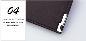 Detail of dark brown leather wallet with silver metal reinforced corners and litchi texture