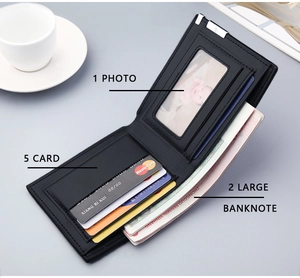 Short leather wallet for men featuring 5 card slots and 2 large banknote compartments