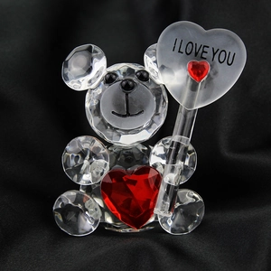 Crystal Teddy Bear Figurine With Red Heart I Love You Ornament Faceted Glass Statue Desk Decor Romantic Keepsake Gift